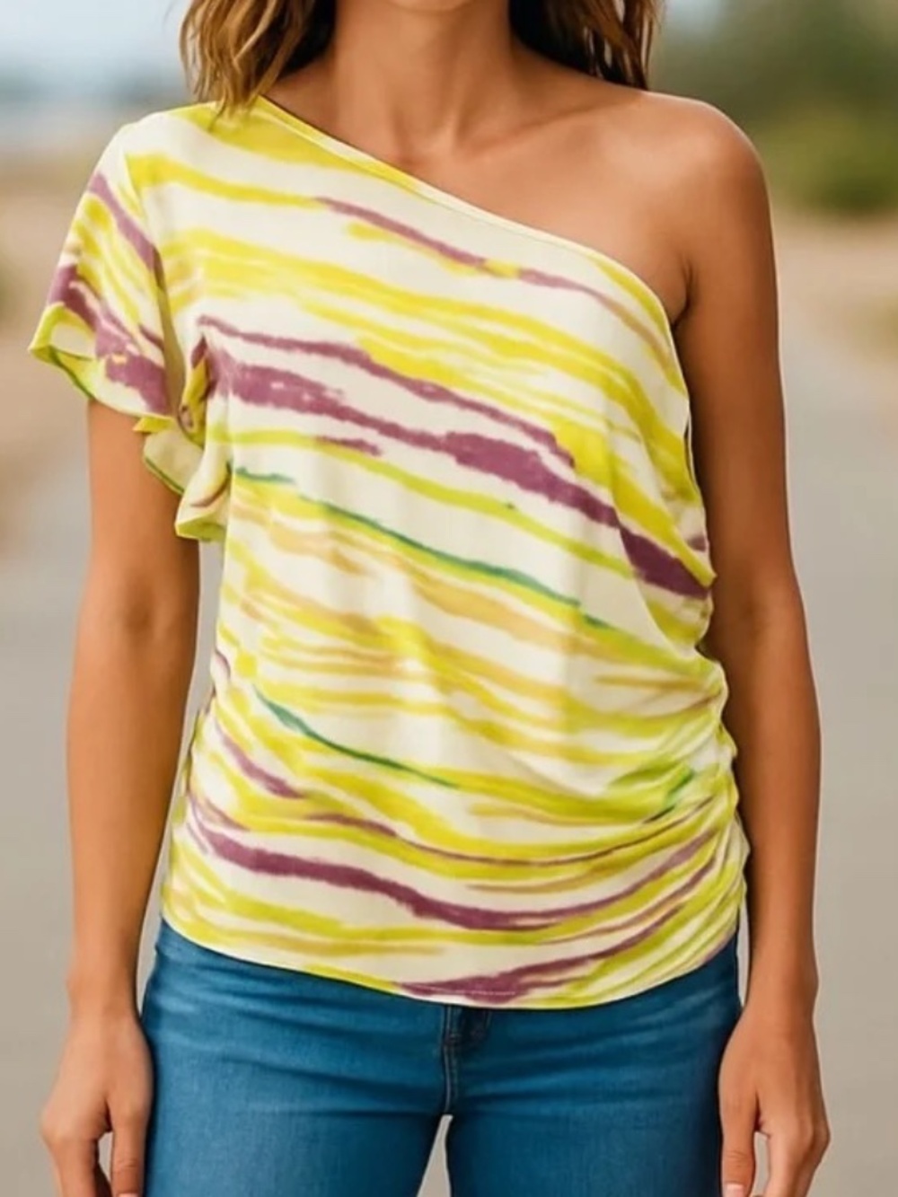 Jennifer Lopez Yellow Pink Asymmetrical one shoulder Blouse XL